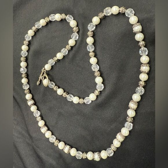 Cream Beaded Necklace with Crystal Accents - Picture 8 of 15